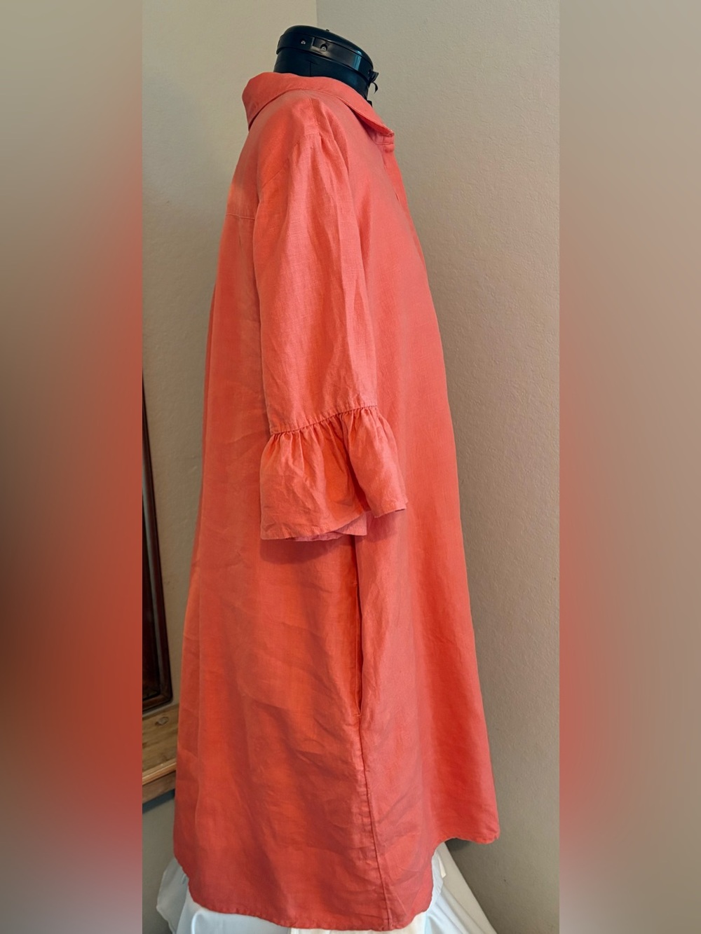 Chicos 100% Linen Coral Orange Ruffle Sleeve Pullover Dress Size 3.5 US 18 - Picture 4 of 6